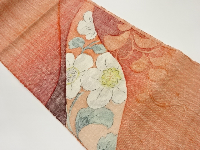 手織り真綿紬曲線に花葉・唐草模様織出し名古屋帯